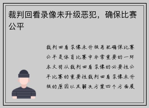 裁判回看录像未升级恶犯，确保比赛公平
